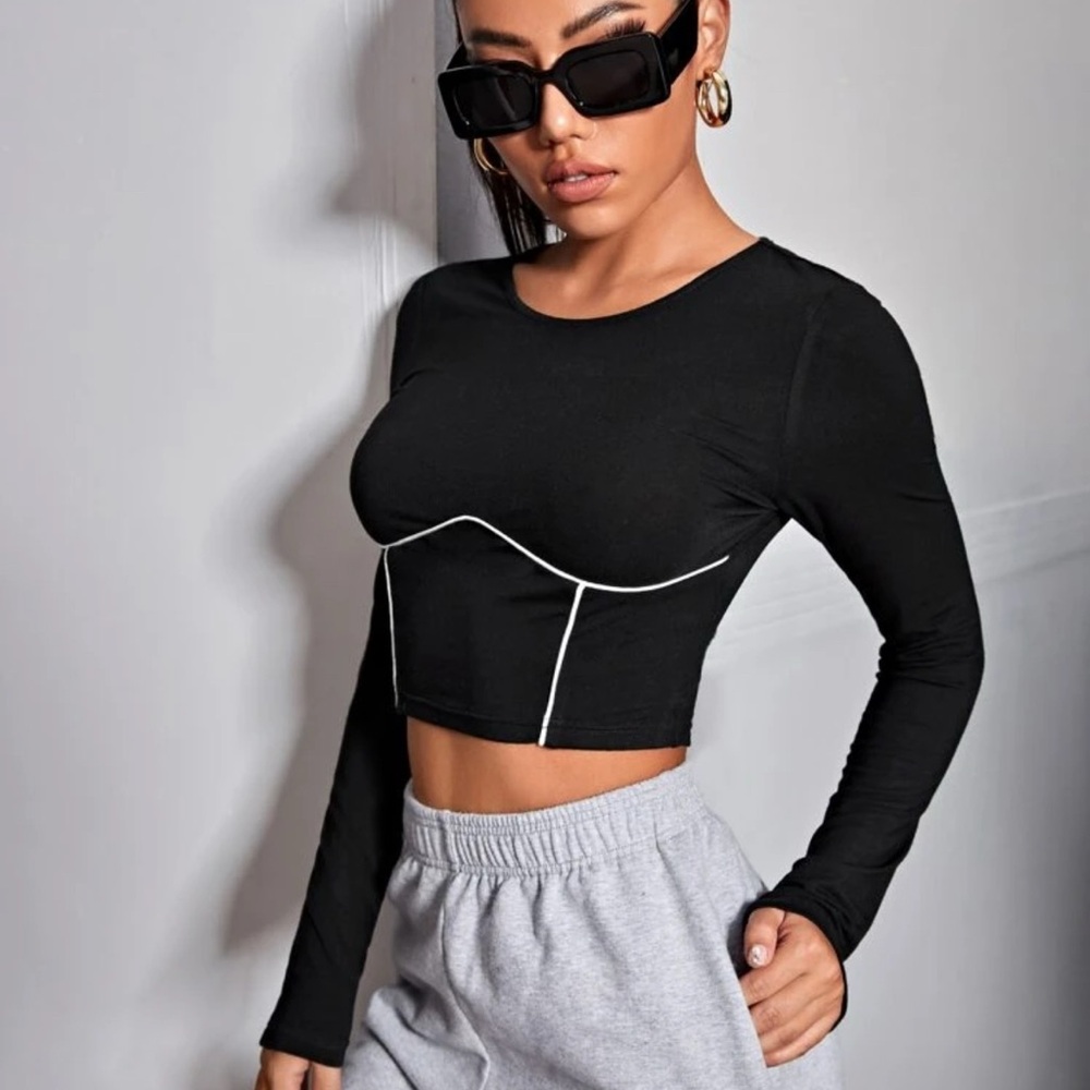 SHEIN Black Long Sleeve Bodysuit with White Trim